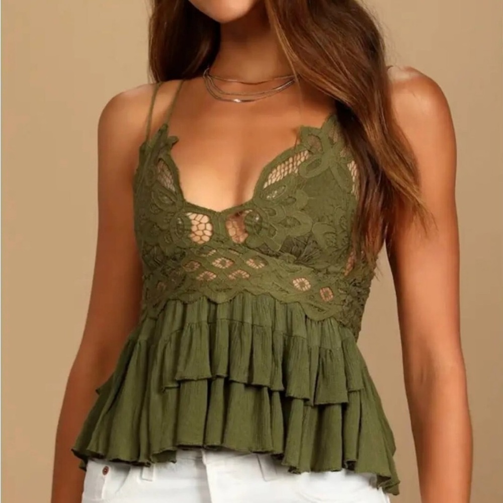 Free People Adella Cami Lace Frills Ruffles Coquette Olive Green Tank Top XS